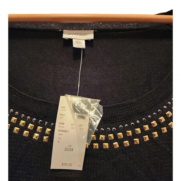 NWT Avenue Top Womens Size 22/24 Black Shimmer Round Neck Studded Slit Pullo… - Picture 3 of 9